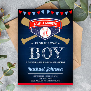 Navyblå Trä Sport Pojke Baseboll Baby Shower Inbjudningar