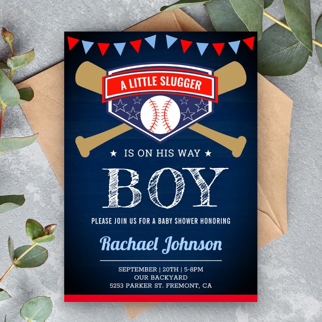 Navyblå Trä Sport Pojke Baseboll Baby Shower Inbjudningar (Skapare uppladdad)
