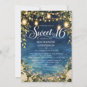 Navyblå trädgårdsljus Floral Sweet 16 Inbjudningar