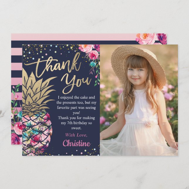 Navyblå Tropisk Rosa Guld Ananas Foto Tack Kort (Fram/baksida)