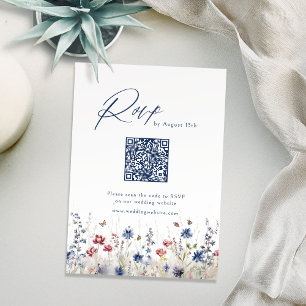 Navyblå vildblomma rustik bröllops QR-kod OSA Kort