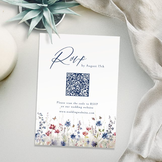 Navyblå vildblomma rustik bröllops QR-kod OSA Kort (Navy Blue Wildflower Rustic Wedding QR code RSVP Card)