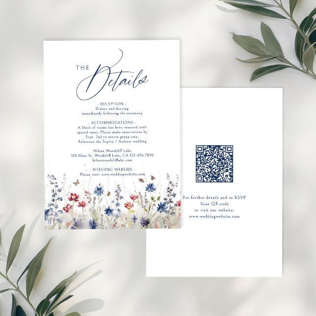 Navyblå vildblomma rustik QR-kod detaljer Anteckningskort (Navy Blue Wildflower Rustic QR code Details Note Card)