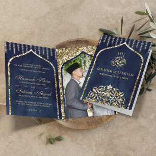 Navyblå Vintage Guld Islamisk Båge Bröllop Inbjudan