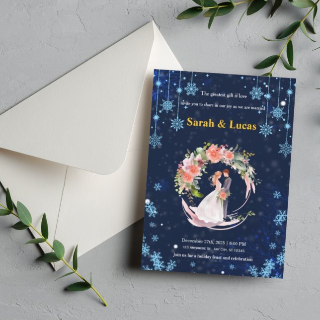 Navyblå vinter snöblomma krans bröllopsinbjudan inbjudningar (Navy Blue Winter Snow Floral Wreath Wedding Invite)