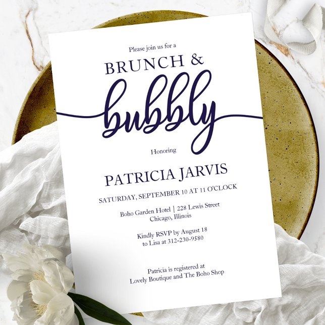Navyblå vit bröllopsbrunch och bubblig brudvisning inbjudningar (Skapare uppladdad)