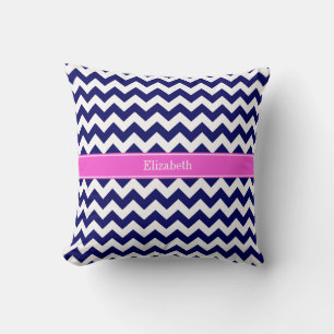 Navyblå Vit Chevron Hot Pink Namnmonogram Kudde