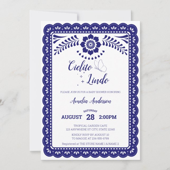 Navyblå & Vit Cielito Lindo Talave Baby Shower Inbjudningar (Framsida)