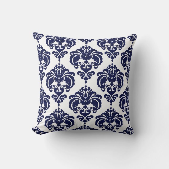 Navyblå & Vit Damask Modern Elegant Mönster Kudde (Framsida)