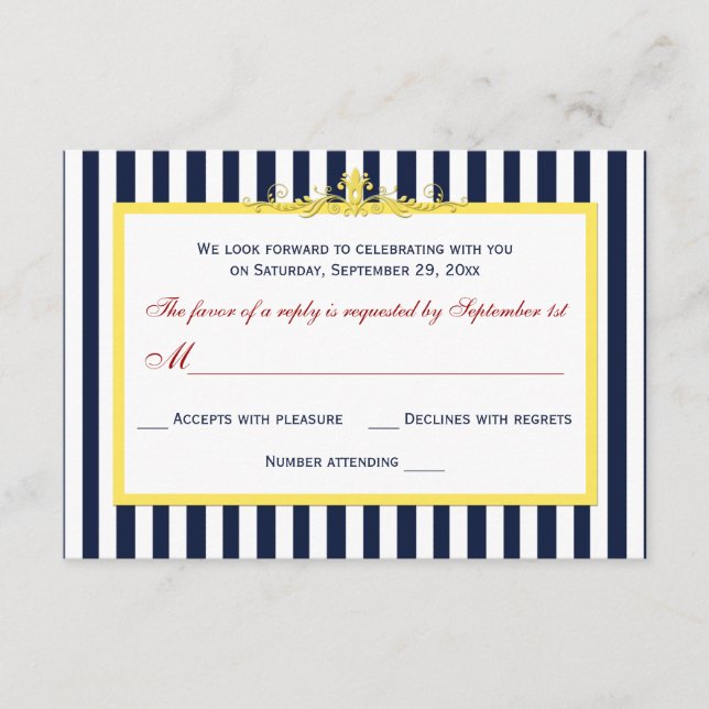 Navyblå, vit, gul, rödrandig rullad RSVP-kort OSA Kort (Framsida)