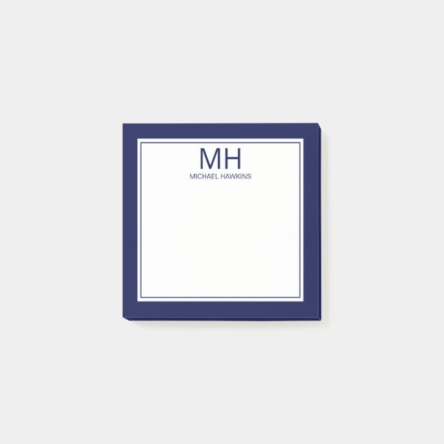 Navyblå Vit Monogrammarkerad Herr Post-it Block (Framsida)
