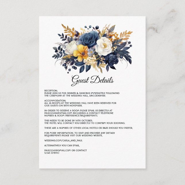 Navyblå, vit och guld blomsterbröllopsgästinformat tilläggskort (Framsida)
