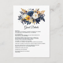 Navyblå, vit och guld blomsterbröllopsgästinformat