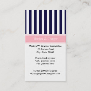Navyblå vit rand pink namnmonogram visitkort