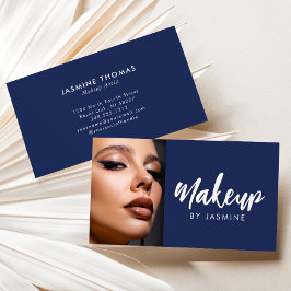 Navyblå Vit Script Foto Makeup Visitkort