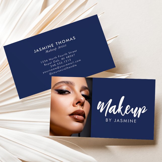 Navyblå Vit Script Foto Makeup Visitkort (Skapare uppladdad)