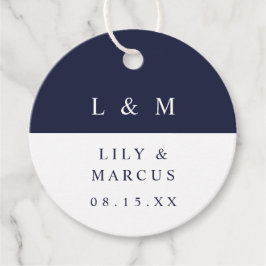 Navyblå vita monogram minimalistiska bröllop gåvor etiketter