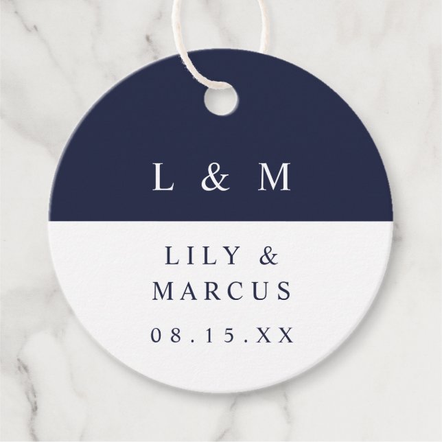 Navyblå vita monogram minimalistiska bröllop gåvor etiketter (Framsida)
