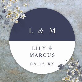 Navyblå vita monogram minimalistiska bröllopsprese runt klistermärke