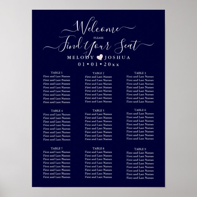 NAVYBLÅT SJÄLVDESIGNAT PLACERINGSKARTA|BLUSH HJÄRT POSTER (Framsidan)