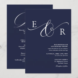Navyblått Chic Script Monogram Allt-i-ett Bröllop Inbjudningar