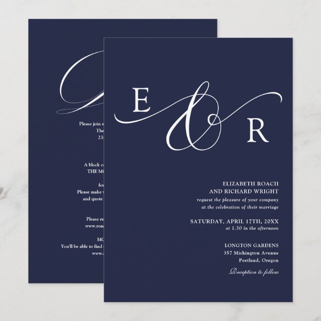 Navyblått Chic Script Monogram Allt-i-ett Bröllop Inbjudningar (Fram/baksida)