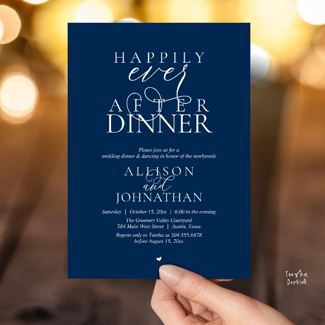 Navyblått lyckligt för evigt middag Modern Bröllop Inbjudningar (Navy Blue Happily Ever After Dinner Modern Script Wedding Invitation Card)
