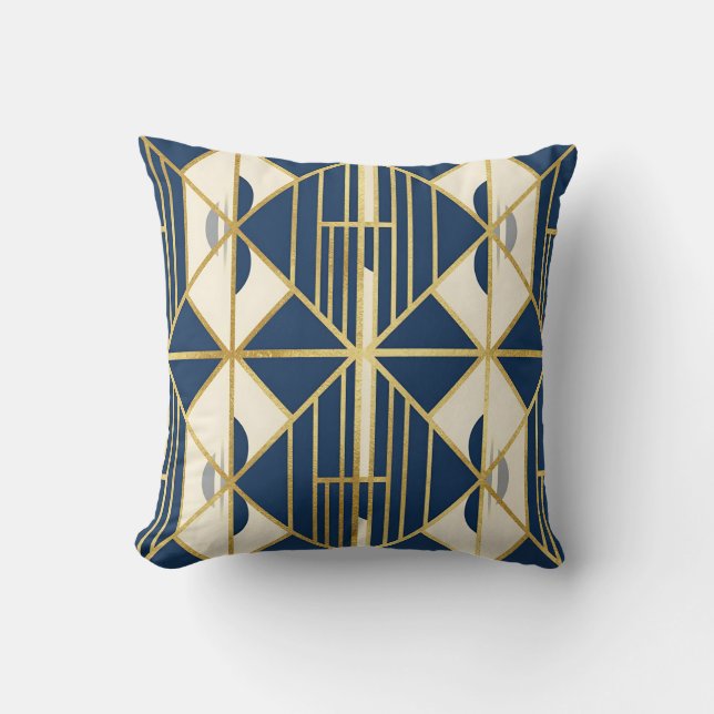 Navyblått och guld Art Deco geometriskt mönster Kudde (Framsida)