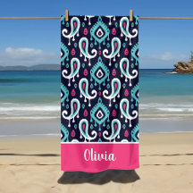 Navyblått och Rosa Ikat Paisley Namn Monogram