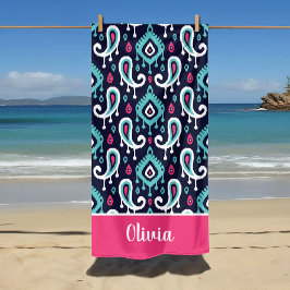 Navyblått och Rosa Ikat Paisley Namn Monogram