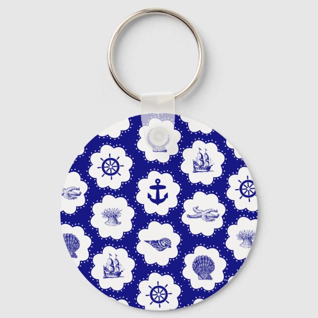 Navyblått och vitt nautiskt mönster nyckelring (Framsida)