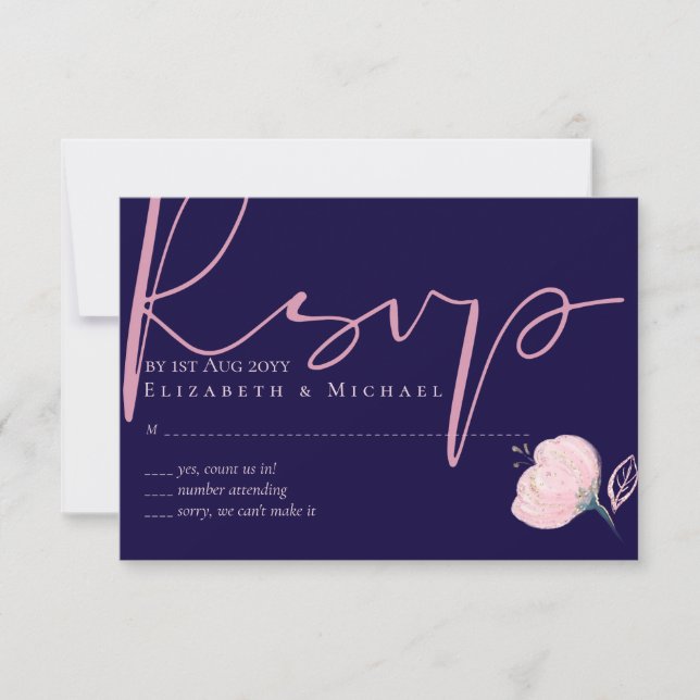 Navyblått Roséguld Rosa Bröllopsbudget OSA Kort (Framsida)