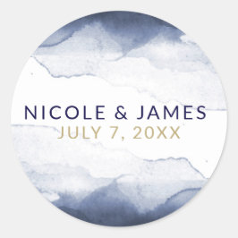 Navyblått vattenfärg Modern Chic Bröllop Runt Klistermärke