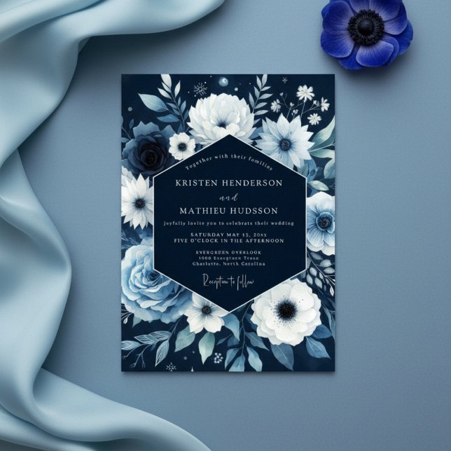 Navyblomma Whimsical Bröllop Inbjudningar (Skapare uppladdad)