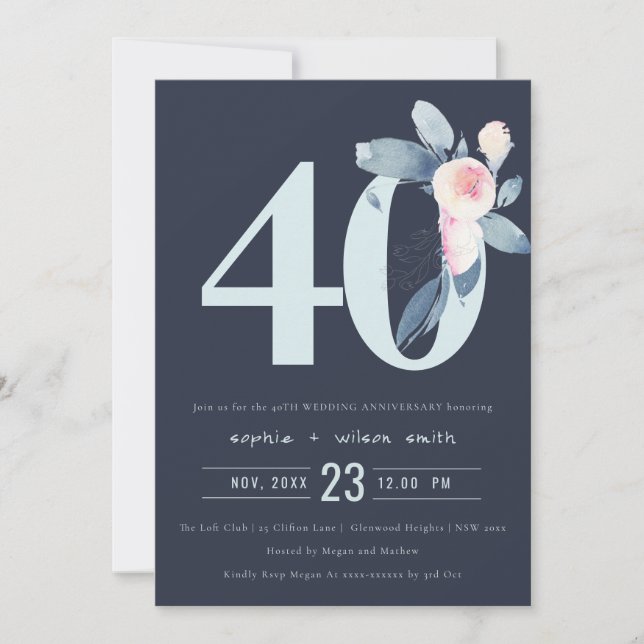 NAVYBLUSH BLÅ BLOMSTER 40-ÅRS JUBILEUM INBJUDNINGAR (Framsida)