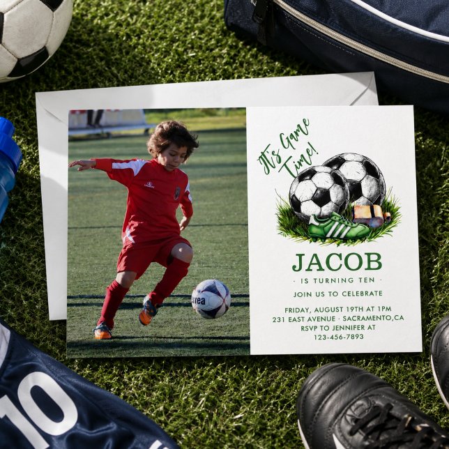 Navygrön fotboll för barn Vattenfärg foto Inbjudningar (Navy green Soccer Kids Watercolor photo Invitation)
