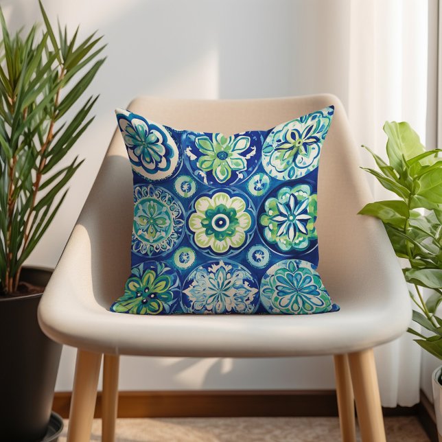 Navygrön Turkos Boho Blommig Kudde (Navy Green Turquoise Boho Floral Throw Pillow)