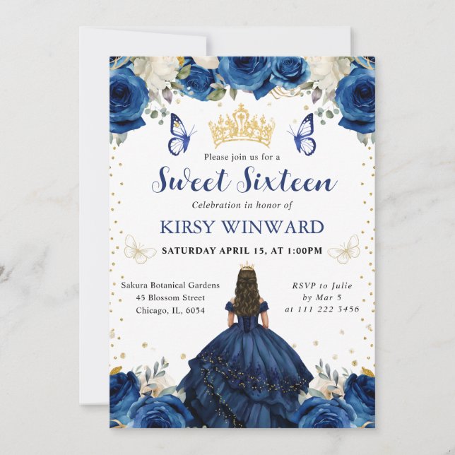 Navyklänning Brunett Prinsessa Sweet 16 Inbjudan (Framsida)