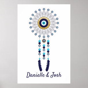 Nazar Evil Öga Mandala Dream Catcher i Guld Blue Poster