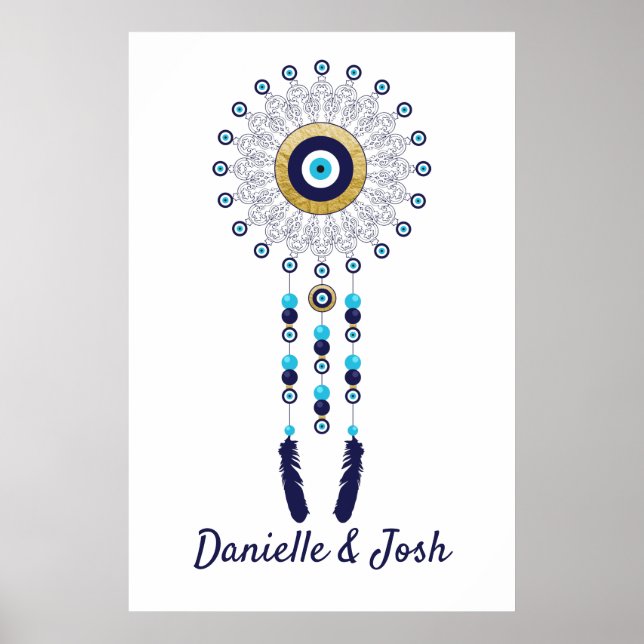 Nazar Evil Öga Mandala Dream Catcher i Guld Blue Poster (Framsidan)