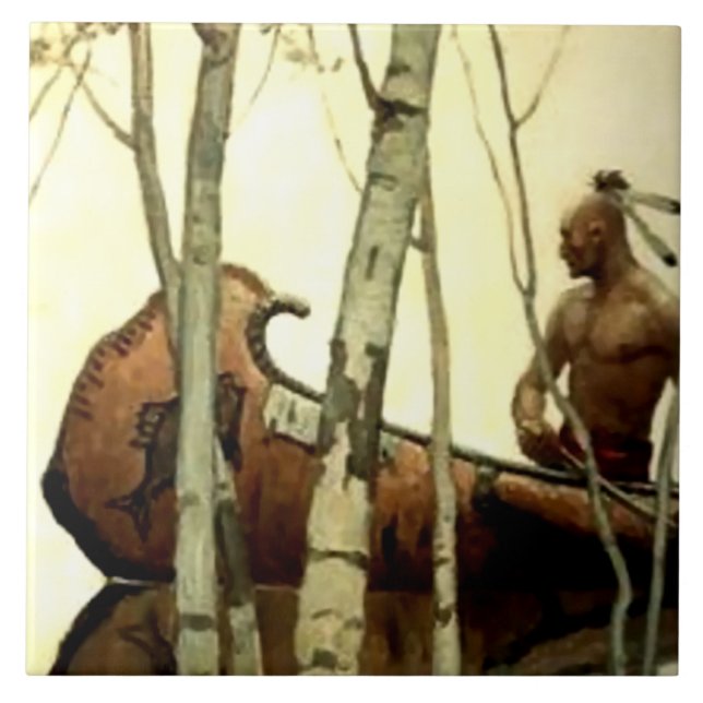 NC Wyeth Historisk målning indiansk kanot #2 Kakelplatta (Framsidan)
