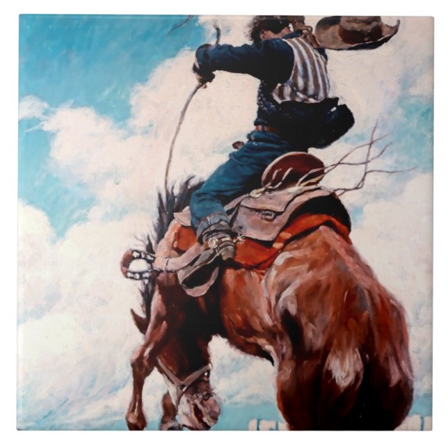 NC Wyeth västerländsk målning ”Bucking” Kakelplatta (Framsidan)