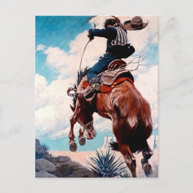 NC Wyeth västerländsk målning ”Bucking” Vykort (Framsida)