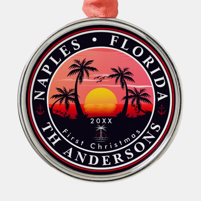 Neapel Florida Beach Retro Sunset Handflatan Träd  Julgransprydnad Metall (Framsidan)