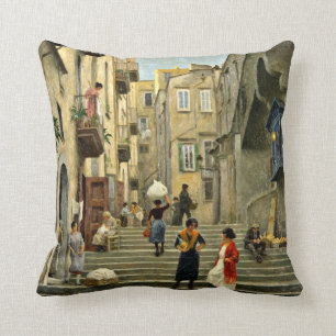Neapel Street Scene - Paul G. Fischer-målning Kudde