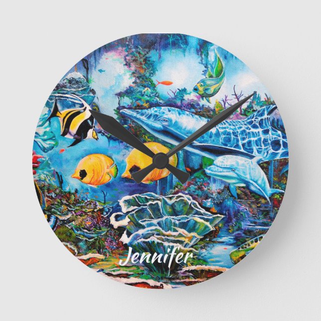 Near rev för härligt havsliv rund klocka (Framsida)