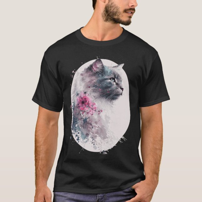 Nebelung Cat Cherry Blommar Japanska Sakura T Shirt (Framsida)