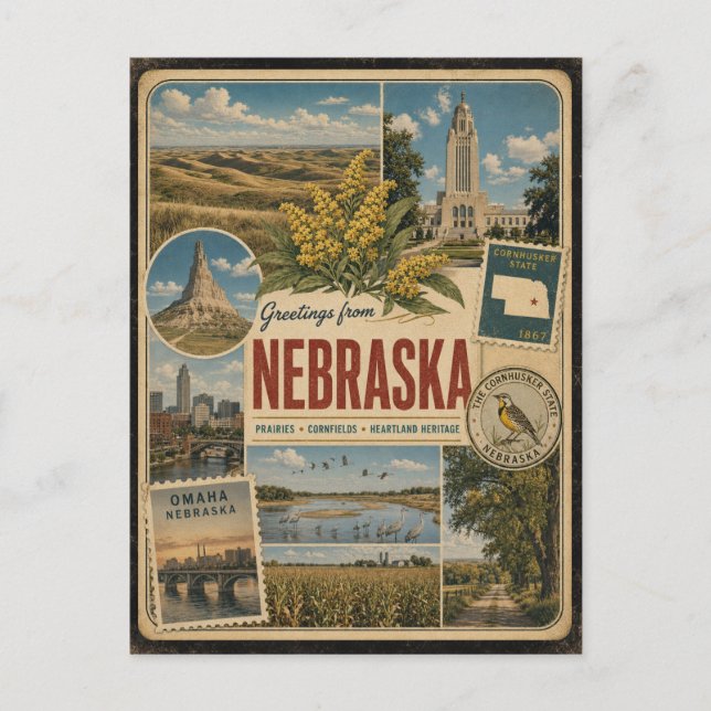 Nebraska Äkta Vintage Stil Vykort (Framsida)