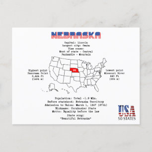 Nebraska American State på karta och användbar inf Helg Vykort