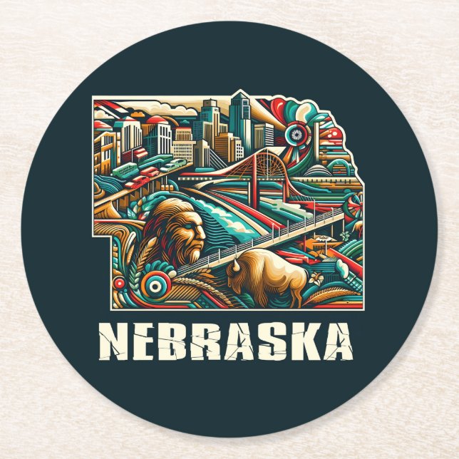 Nebraska Bold Geometric City Skyline Art Underlägg Papper Rund (Framsidan)